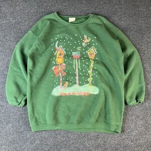 Vintage Maze Sweatshirt Womens Large Green Home For The Holidays Birdhouse 90s